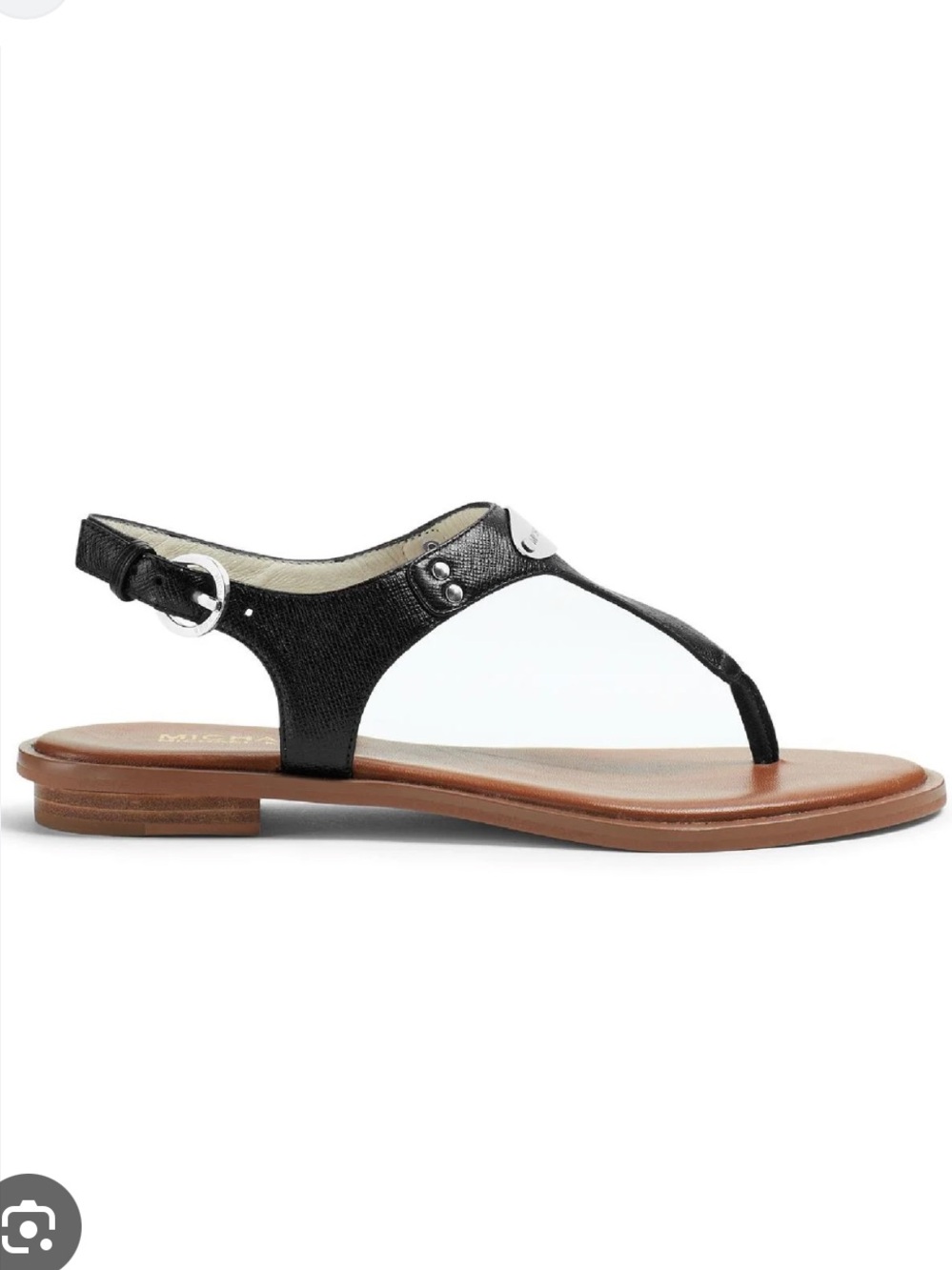 MichaelKors Silver MK Plate Black Leather T-Strap Thong Sandal Cushion Footbed-9